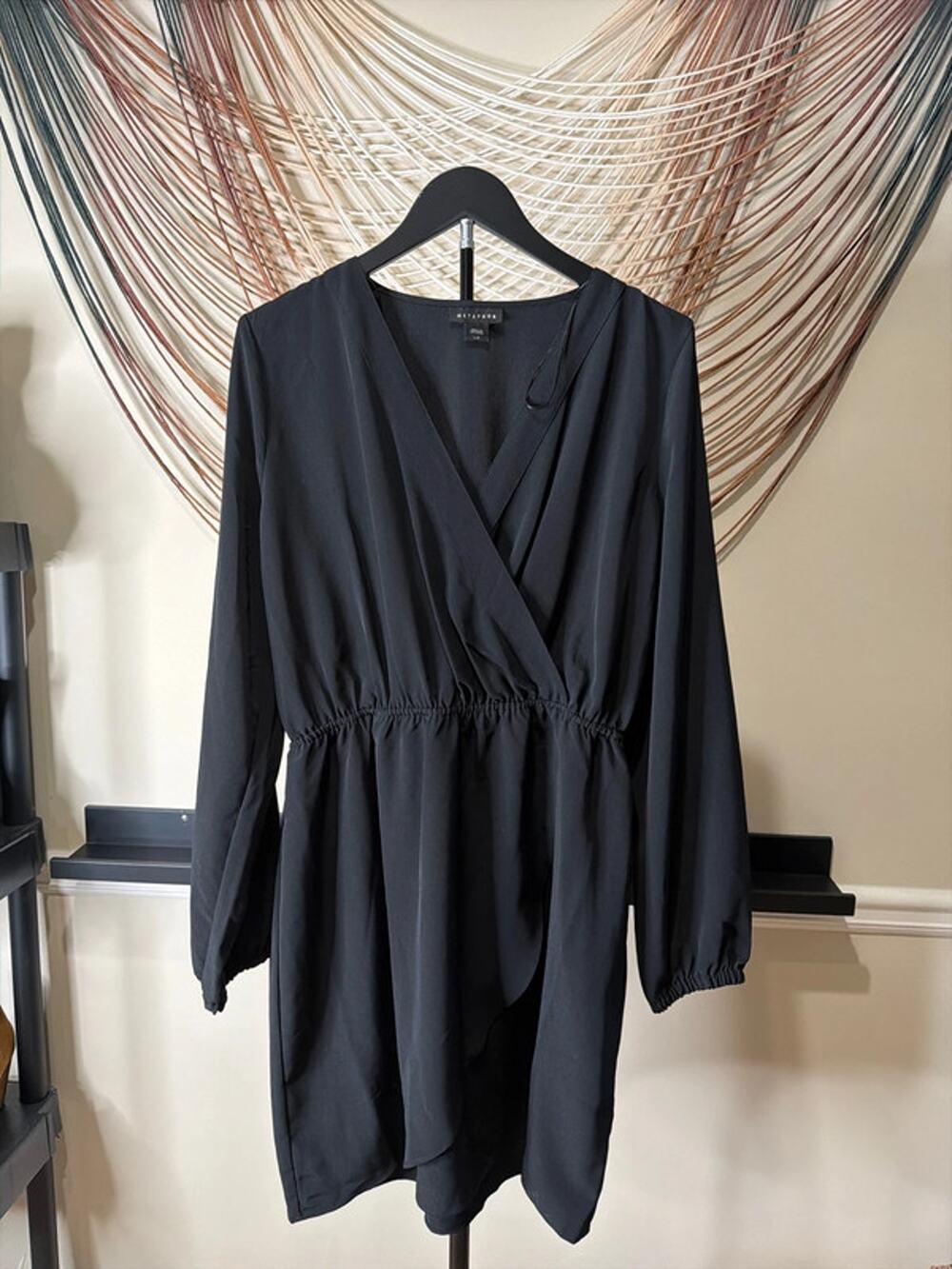 Metaphor, black faux wrap dress V-neck L EUC 2993